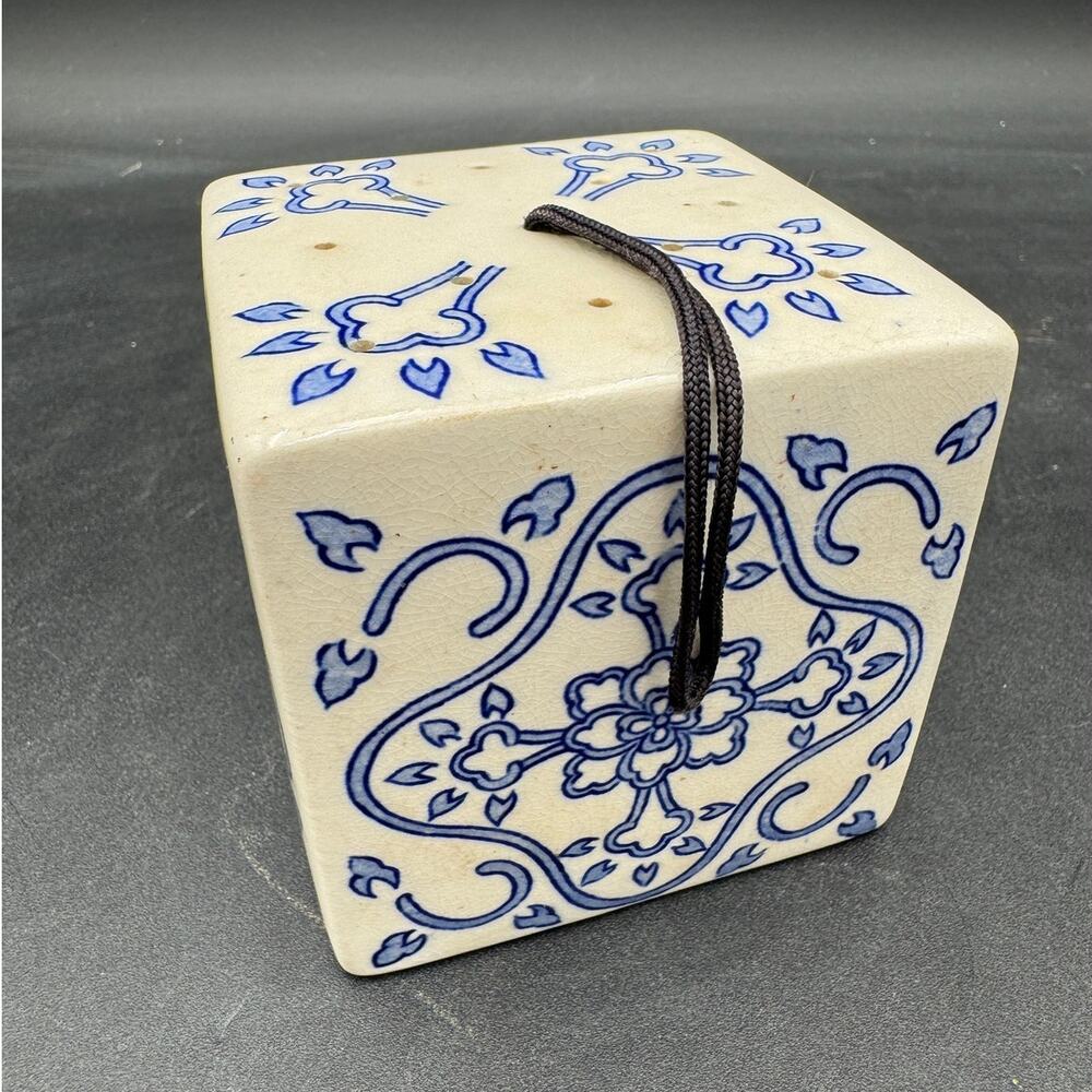 Vintage Potpourri Holder Cube Blue White Ceramic Nancy Lopez Japan 1980 3" x 3"